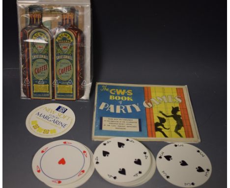Advertising - C.W.S Coffee needle sewing set;  Magic Stereoscope, Party Games booklet;  a pack of circular playing cards (4)