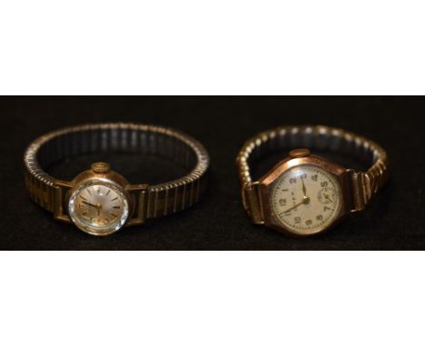 Watches - a lady's 9ct gold cased Omer bracelet watch, silvered dial, Arabic numerals, subsidiary seconds, London 1951, later