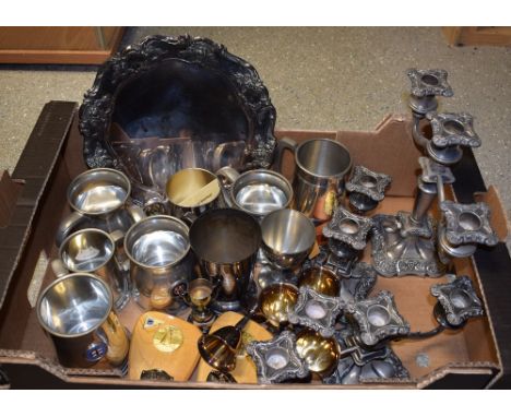 Metalware - a set of three table candlesticks; a set of four pewter mugs, with enamel badges of ship's flags; Elder Dempster 