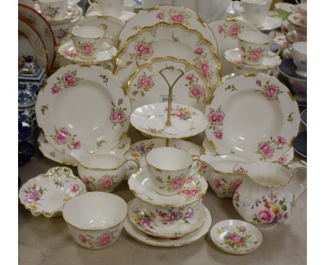 Royal Crown Derby - a Posies pattern two tier cake stand; a Pinxton Roses tea service comprising six cups and saucers, side p