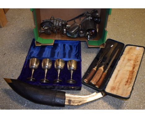 A Gurkhan Kukri, scabbard en suite; antler hafted carving set; 19th Century and later flatware; pewter tankard; etc