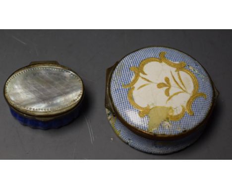 A George III South Staffordshire enamel and mother-of-pearl oval snuff box, the hinged shell cover engraved with lozenge trel