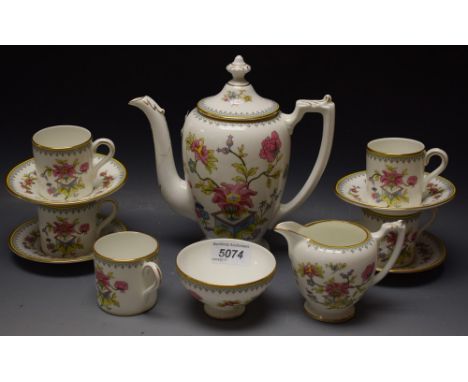 A Coalport Persian Flower pattern six setting coffee set, comprising coffee pot (faults), milk jug, sugar basin, coffee cans 