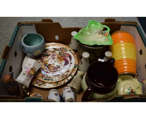 Ceramics - a Shelly orange and yellow banded tapering cylinder vase; Goebel Hawfinch; Royal Doulton Cat; Carlton ware sauce p