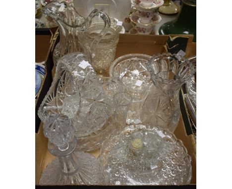 Glassware - a Victorian cut glass water jug, fruit bowl, vases, decanter; etc quantity 