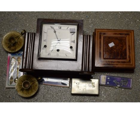 Boxes and Objects - a Perivale Anvil Art Deco mantel clock with square dial; a fruit wood box with twist action; a pair of br