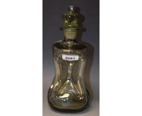 A 20th Century glug decanter, grey tinted body, crown stopper