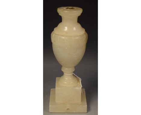 An Italian alabaster urnular table lamp, columnar neck, spreading circular shoulder, acanthus-capped reservoir, socle, gradua