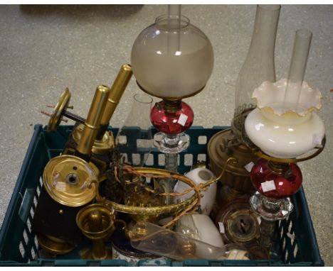 Lighting - a pair of glass candlestick oil lamps, ruby fonts with pressed glass candlesticks; a chamberstick oil lamp with pi