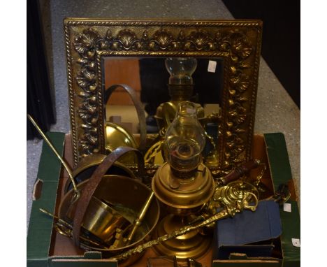 A brass framed wall mirror, a brass oil lamp, horse brasses, others, decorative, Victorian and later, qty