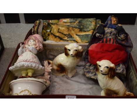 A mid 20th century wall hanging tapestry; a Gypsy doll; a suitcase; etc 