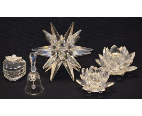 A Swarovski Silver Crystal starburst candle holder, boxed; others, lily candle holder, bell, trinket box, etc (5)