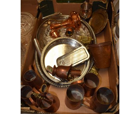 A brass sovereign scale balance, boxed; a Rolls razor; EPNS galleried tray; hip flask; others; quantity copper and brass