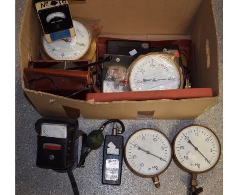 Brass cased pressure gauges; Metrohm insulation testers; a Davis Ohmmeter; laboratory weights in bakelite case, methane teste