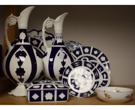 Royal Crown Derby Inglaze blue - a pair of Kedleston ewers; dessert plates; trinket box; etc (9); Posies bowl