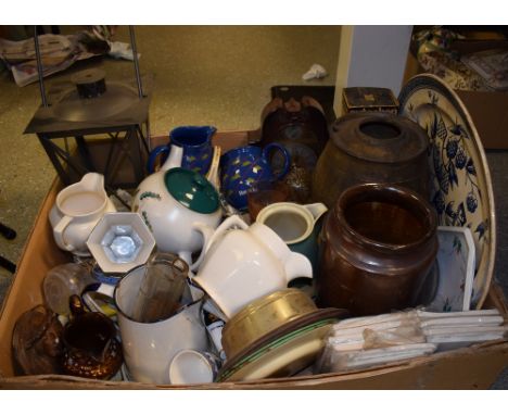 A slip glazed rum barrel; a Denby Greenwheat tea pot; others including enamel kitchenware, meat plate, glassware, Horlicks ju