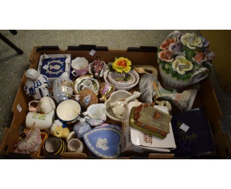 Ceramics - A Royal Crown Derby Posies fan shaped trinket dish, boxed; others, heart shaped dish, small jug; a half doll pincu