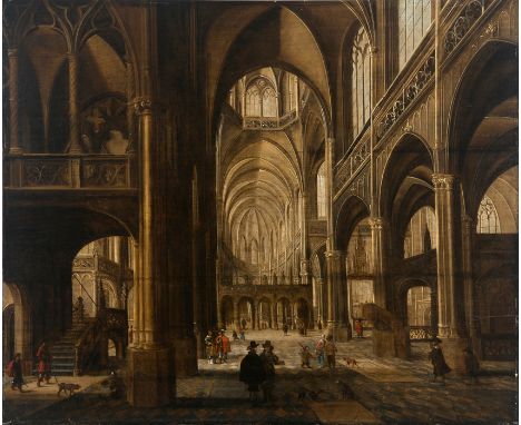 Attributed to Paul Vredeman de Vries (Antwerp, 1567 - Amsterdam, 1617)"Interior of a Cathedral"Oil on panel.81 x 99 cm.Paul V