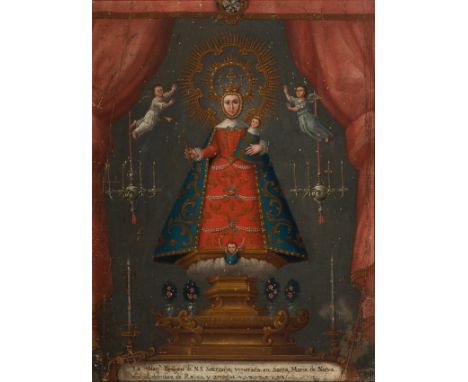 Novo-Hispanic School. Possibly Potosí. Bolivia. Signed Fonceca, 1774."True Portrait of Our Lady of Soterraña"Oil on canvas gl