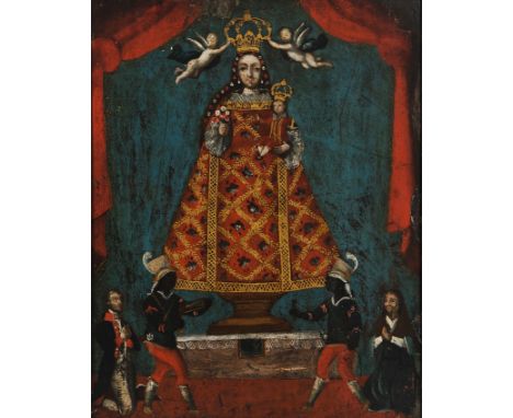 Viceregal School. Cuzco. Peru. Late 17th Century - Early 18th Century."Our Lady of Cocharcas on an Altar, Venerated by a Mili