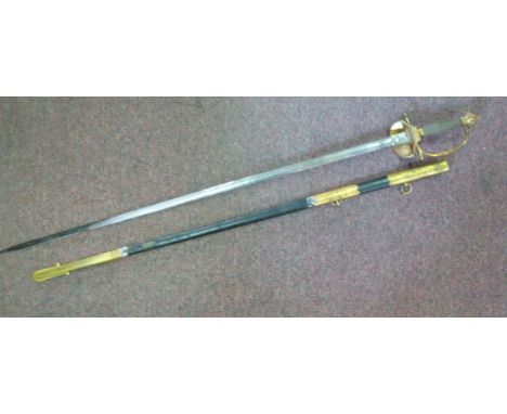 A late Victorian dress sword, having a cast gilt metal crown pommel and a woven wire bound grip, the guard bears initials, th