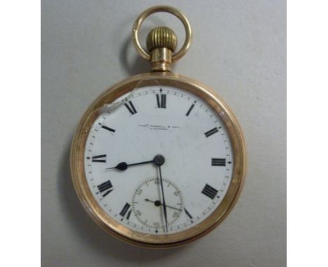 A 9ct gold cased pocket watch, the keyless movement faced by a white enamel Roman dial, inscribed Thos.Russell & Son, Liverpo