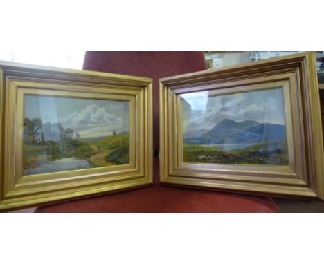 K Gilbert - a pair of highland scenes with sheep by water  oil on panel  one bears a signature & dated 1887 in glazed, moulde