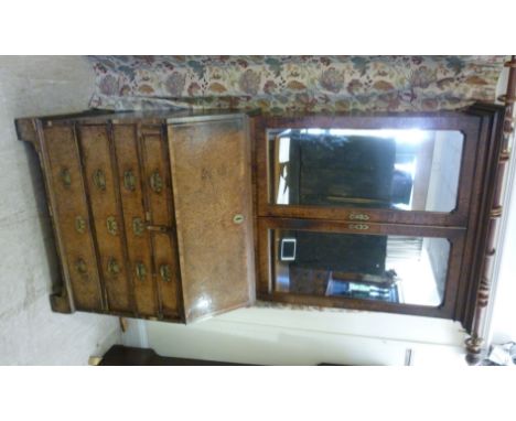 A mid 18thC burr walnut and mahogany bureau bookcase, having a moulded cornice, over twin, mirror panelled doors, enclosing t