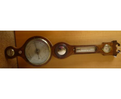 A mid 19thC string inlaid mahogany cased wheel barometer, comprising a hygrometer, a thermometer, convex mirror, level and an