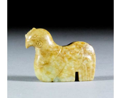 A Chinese mottled jade figure of a seated cockerel, 1.75ins (4.5cm) overall (Ming Dynasty - drilled for suspension and slot a