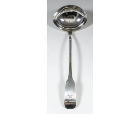A George III Irish silver fiddle pattern soup ladle with plain oval bowl and engraved with initials to terminal, by Carden Te