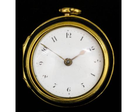 An 18th Century gilt metal and leather covered pair cased verge pocket watch by Henry Smith of London, No.203, the white enam
