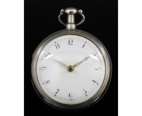 A George III silver pair cased verge pocket watch by Miles Patrick of Greenwich, No.477, the white enamel dial with Arabic nu