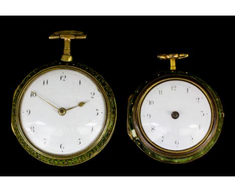 A George III gilt metal and green shagreen covered pair cased verge pocket watch by Benjamin Leach of Winchester, the white e