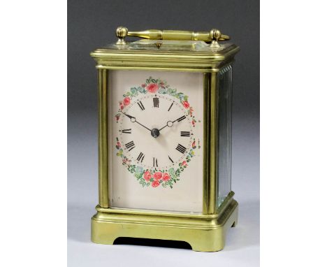 A late 19th/early 20th Century French carriage clock, the cream painted 1.875ins diameter dial with Roman numerals, the borde