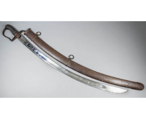 A George III 1796 pattern Light Cavalry sabre, the 32ins bright steel curved blade decorated with blued Stand of Arms and Roy