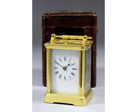 A late 19th Century French carriage clock by E.G.L of Paris, No.3555, the white enamel dial with Roman numerals, to the eight
