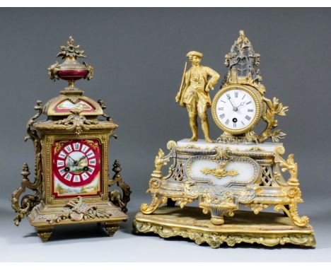 A late 19th Century French gilt metal and porcelain cased mantel clock by H.P & Co, No.54221, the red and gilt decorated porc