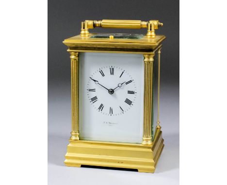 A late 19th Century French carriage clock, No. 3664, retailed by F.C. Russell of Paris, the white enamel dial with Roman nume