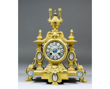 A late 19th Century French gilt metal and porcelain mounted mantel clock by Japy Freres, No.2512, the 3.25ins diameter porcel