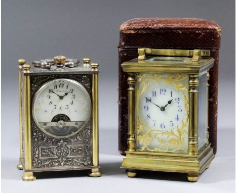 An early 20th Century French miniature carriage timepiece, the cream enamel dial with blue Arabic numerals, within gilt slip 