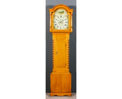 A 19th Century stripped pine longcase clock by Isaac Lazarus of Hayle, the 13ins arched painted dial with subsidiary seconds 