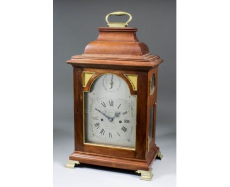 A mahogany bracket clock containing 18th Century movement by Thomas Hill of Fleet Street, London, the 6.5ins arched silvered 