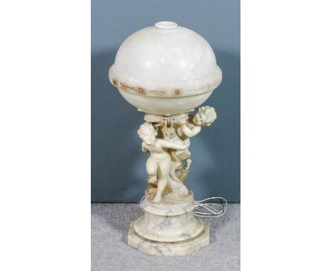 An early 20th Century Italian alabaster electric table lamp with plain removable circular domed shade, supported by two child