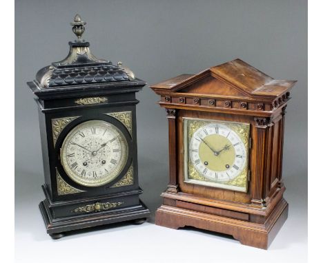 A late 19th Century German walnut cased mantel clock by Lenzkirsch and retailed by E. Dobell of Hastings, the 6.5ins square b