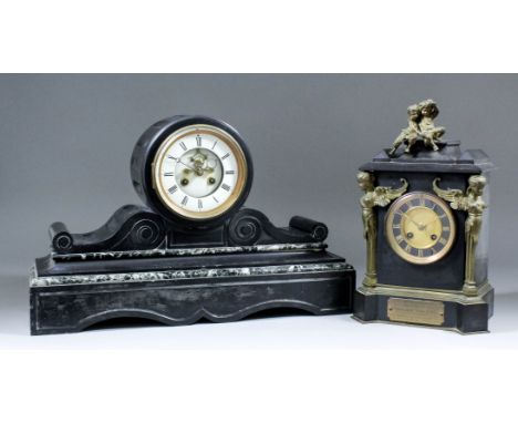 A 19th Century French black slate and green veined marble cased mantel clock, the 5ins diameter white enamel chapter ring wit