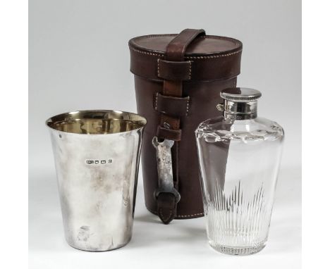 A George VI silver mounted and slice cut glass cylindrical spirit flask by Roberts & Belk, Sheffield 1937, 5.25ins high, and 