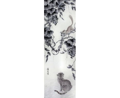 Chinese School - Scroll painting - Squirrel on a fruiting vine being observed by a seated cat below, 38.5ins (97.7cm) x 12.25