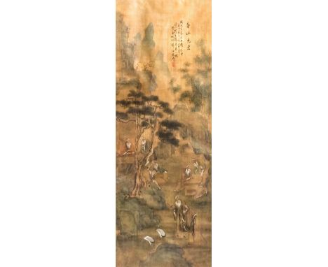 A Chinese silk scroll painting depicting nine bearded scholars in a mountainous landscape, 37ins (94cm) x 14ins (35.6cm), wit