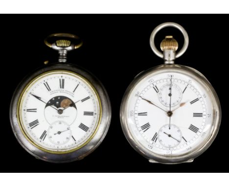 A late 19th Century German steel cased keyless cased double sided calendar pocket watch, the white enamel dial with Roman num